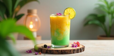 Fototapeta premium Refreshing Two-Layered Tropical Smoothie in Glass with Lime Garnish and Flowers on Wooden Coaster