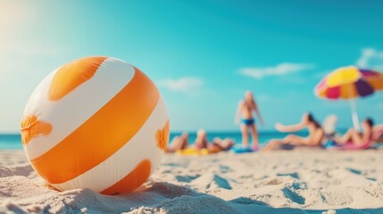 Obraz premium Summer beach vacation highlights fun and relaxation with sunbathers and beach games under clear blue skies