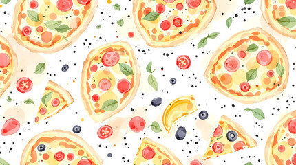 Seamless watercolor pattern featuring isolated pizza slices on a clean white background ideal for fast food and Italian cuisine designs
