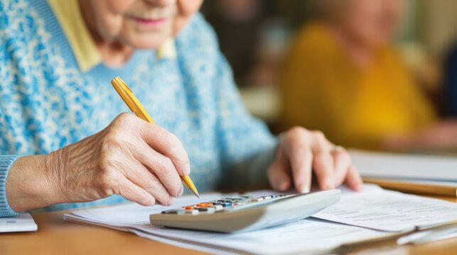 Elderly Woman Using Calculator for Financial Planning and Budgeting
