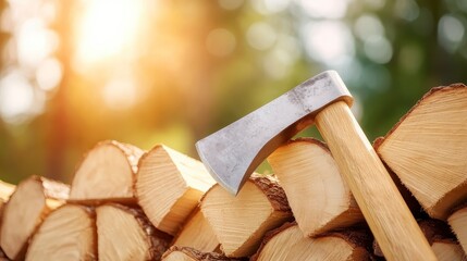 Close up of a hatchet leaning against a stack of firewood, bathed in warm sunlight. The scene evokes feelings of warmth and rustic charm.