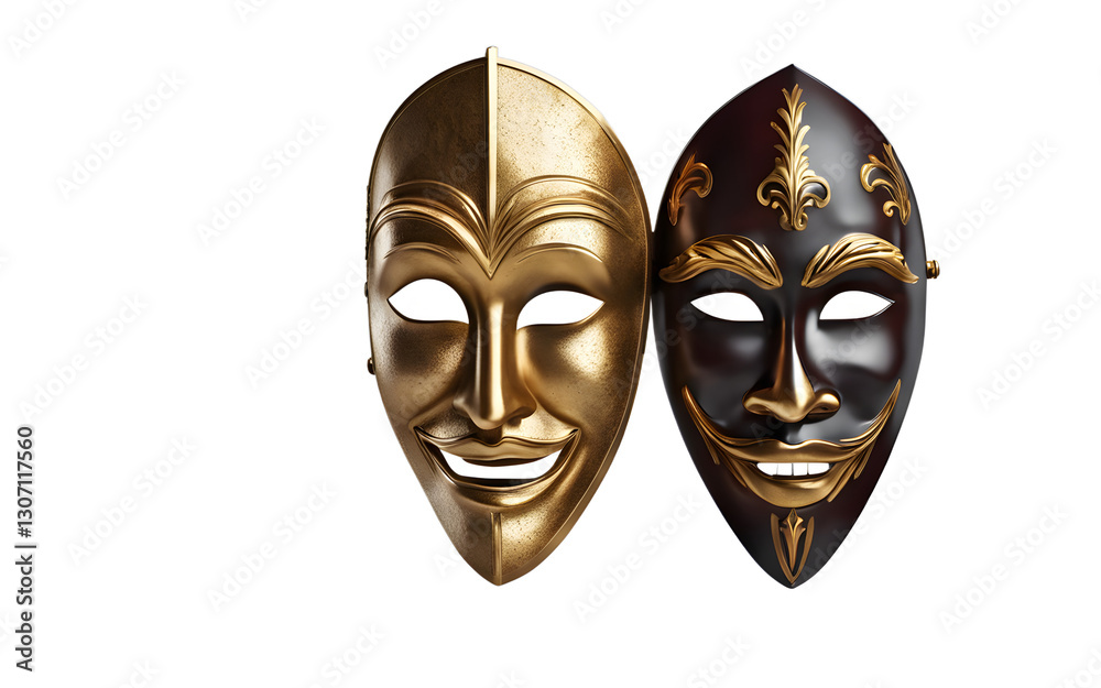 Poster a theatrical mask with one half smiling and the other half frowning symbolizing duality and emotions