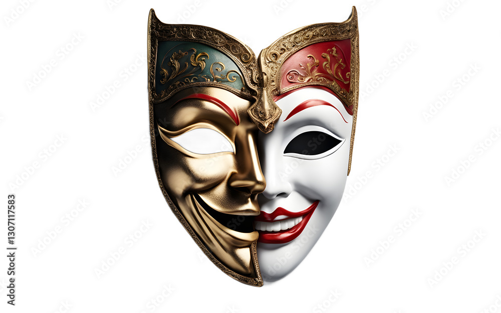 Poster A theatrical mask with one half smiling and the other half frowning symbolizing duality and emotions, isolated on a empty plain background