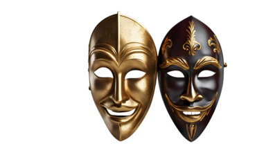 A theatrical mask with one half smiling and the other half frowning symbolizing duality and emotions, isolated on a empty plain background