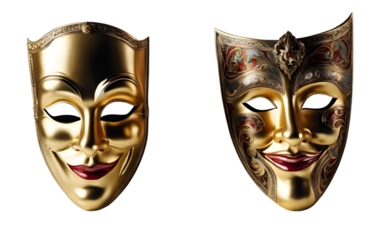 A theatrical mask with one half smiling and the other half frowning symbolizing duality and emotions, isolated on a empty plain background