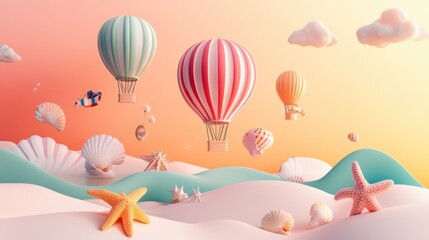 Pastel Hot Air Balloons Soaring Over Seashells