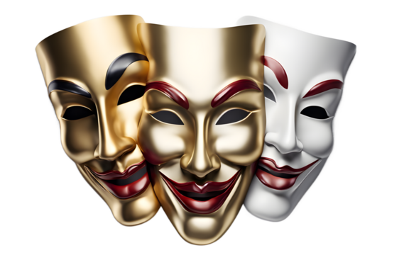 A theatrical mask with one half smiling and the other half frowning symbolizing duality and emotions, isolated on a empty plain background