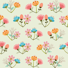 Cute Wildflower Floral Seamless Pattern in Pastel Colors, Vector seamless pattern of wildflowers and plants for Wallpaper, Textile, and Home Decor.