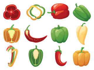 Cartoon peppers and paprika. Sliced cut peppers, half paprika. Fresh vegetables, raw ingredients for vitamin salad, cooking dish, healthy nowaday vector food