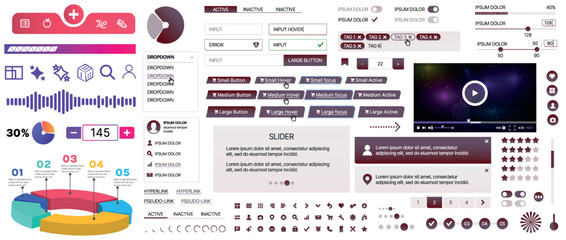 Obraz premium A set of UI components for mobile apps and websites: buttons, forms, icons, menus, panels and infographics. Modern minimalist design with gradients for easy interaction