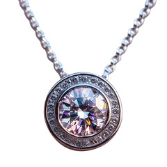 A close-up shot of a silver necklace with a large round diamond pendant.