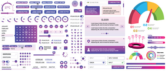 A set of UI components for mobile apps and websites: buttons, forms, icons, menus, panels and infographics. Modern minimalist design with gradients for easy interaction