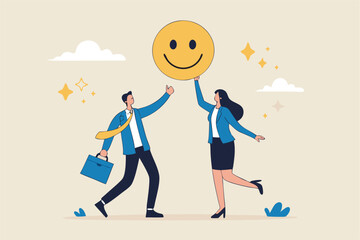 Employee happiness, job satisfaction or company benefit, happy workplace or positive attitude, work motivation concept, happy businessman and woman holding smiling face symbol in joyful workplace.