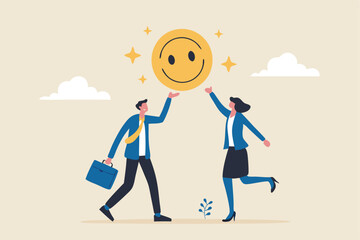 Employee happiness, job satisfaction or company benefit, happy workplace or positive attitude, work motivation concept, happy businessman and woman holding smiling face symbol in joyful workplace.
