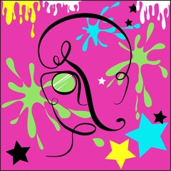 Abstract illustration with a Silhouette of the Face. Multicolor, Stars, Flecks of Paint