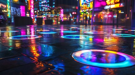 Obraz premium A futuristic city street filled with neon lights and holograms, vibrant colors reflecting off the wet pavement, cyberpunk vibes, ultra-realistic, high definition.