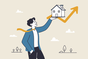 House and property investment, real estate price growth or mortgage calculation chart, buy or rent house decision concept, smart businessman property expertise presenting house pricing graph.