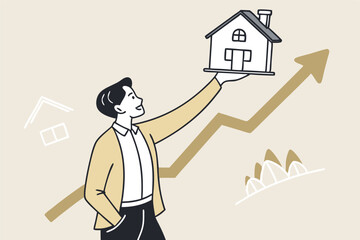 House and property investment, real estate price growth or mortgage calculation chart, buy or rent house decision concept, smart businessman property expertise presenting house pricing graph.