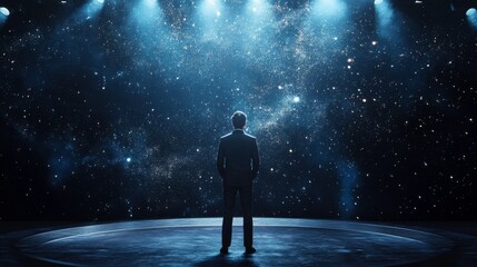 Fototapeta premium A person stands alone on a stage, gazing up at a vast, star-filled galaxy illuminated by ethereal lights.