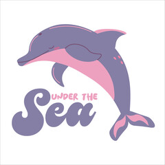 Flat style illustration of a purple and pink dolphin with closed eyes, surrounded by small stars, with lettering