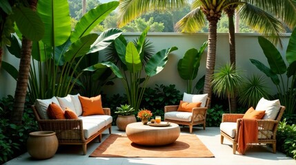 Fototapeta premium Serene Outdoor Patio Oasis with Lush Tropical Greenery and Comfortable Wicker Furniture