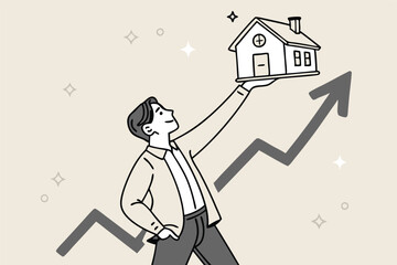 House and property investment, real estate price growth or mortgage calculation chart, buy or rent house decision concept, smart businessman property expertise presenting house pricing graph.