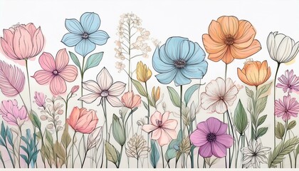 simple line drawings of various flowers in pastel colors arranged horizontally on a white background generative ai