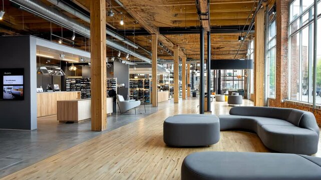 Modern office interior with wooden beams, large windows, and stylish furniture creates inviting reception area with comfortable seating in open space designed for collaboration and relaxation.