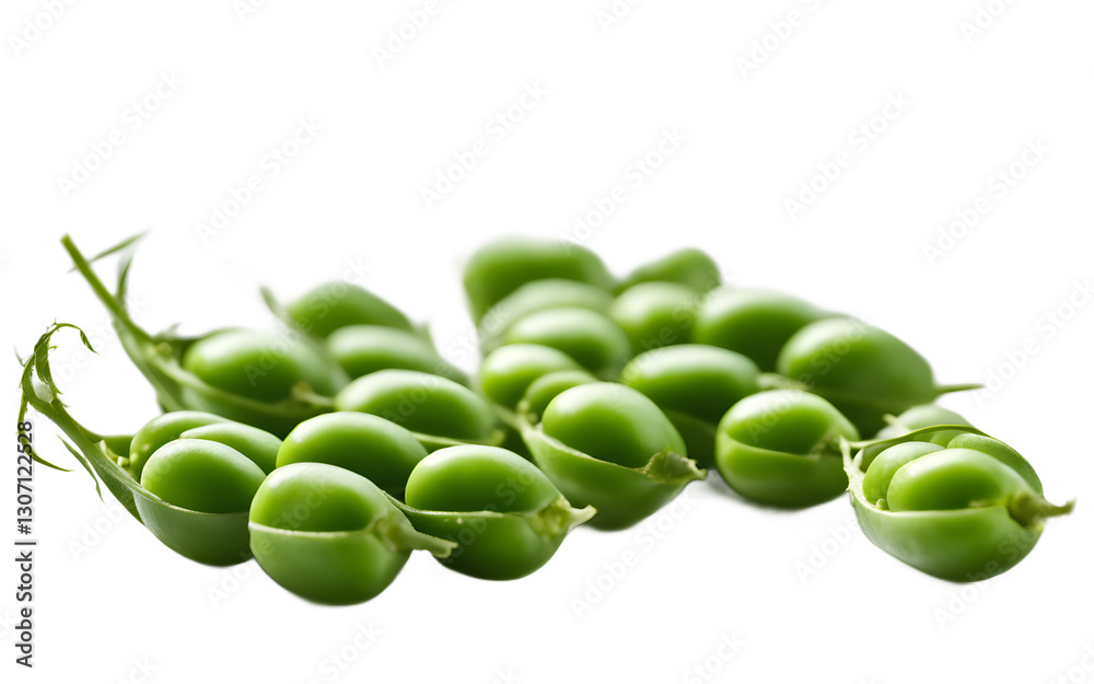 Poster A cluster of fresh pea pods with visible green peas inside, isolated on a empty plain background
