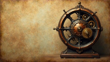 Naklejka premium Intricate Gearwork Wheel A Majestic Ornate Antique Mechanical Device on Aged Parchment Background