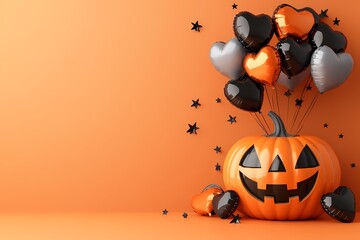 orange halloween background with 3D cute Halloween decorations and balloons with copy space. pumpkin, lantern, ghost 