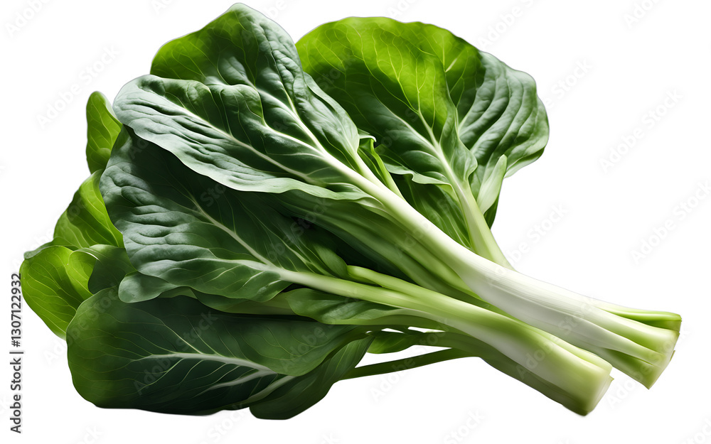 Poster a fresh bunch of bok choy with large green leaves and crisp stems, isolated on a empty plain backgro