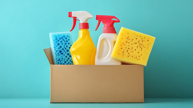 cleaning product concept with concentrated cleaner solutions in cardboard packaging detergent and sponge showing eco conscious household cleaning and hygiene supplies