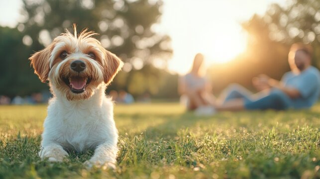 Joyful dog playing in the park during sunset outdoor lifestyle environment happy
