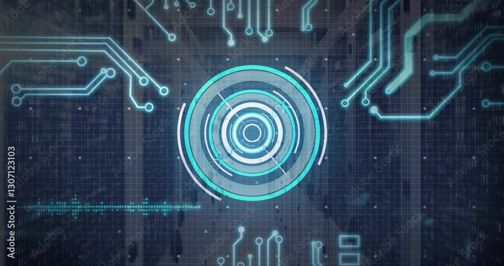 Poster animation of futuristic digital interface with circular patterns on grid background