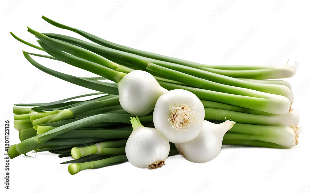 Poster a fresh bunch of green onions with white bulbs, isolated on a empty plain background