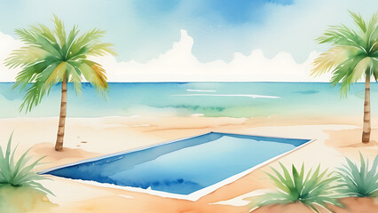 Obraz premium Watercolor beach scene with pool, palm trees, and ocean view