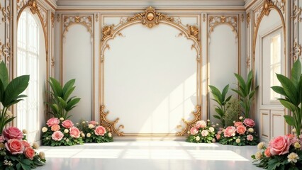 Fototapeta premium Elegant Room Interior with Ornate Gold Accents and Blooming Pink Roses