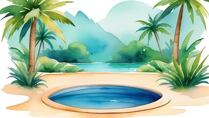 Obraz premium Tropical Swimming Pool Oasis with Palm Trees and Island View Watercolor