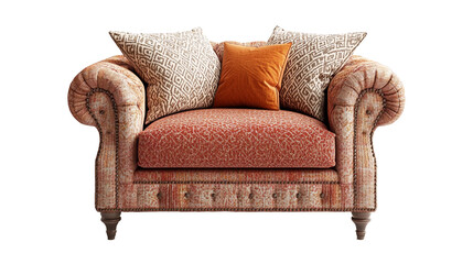 Fototapeta premium A close-up of a patterned sofa with two throw pillows against a white background.