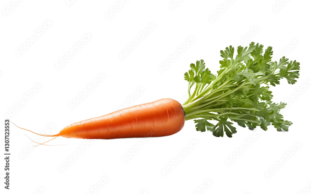 Poster a fresh carrot with bright orange color and green leaves, isolated on a empty plain background
