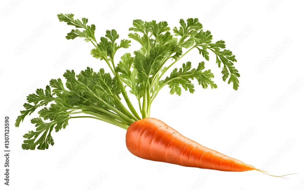 Poster a fresh carrot with bright orange color and green leaves, isolated on a empty plain background