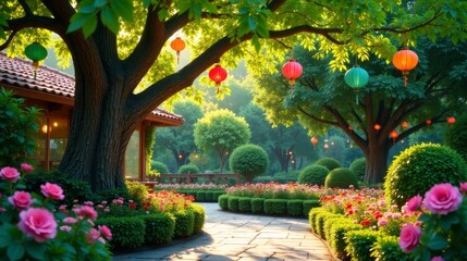 Obraz premium Serene Garden Path with Blossoming Roses and Hanging Lanterns Under Lush Green Trees