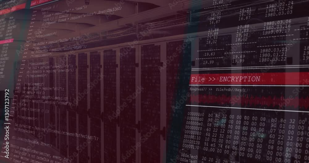 Poster animation of computer code overlaying server racks in data center