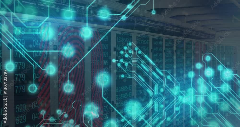 Poster animation of digital circuit pattern overlaying servers in data center environment