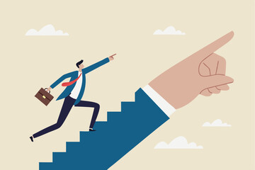 Success step, leadership or career path growth strategy, motivation and determination to grow and success, stairway to achieve target concept, businessman step up stairway on leader pointing hand.