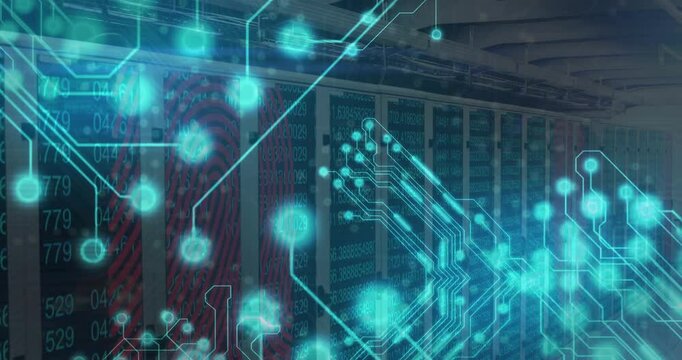 Animation of digital circuit pattern overlaying servers in data center environment