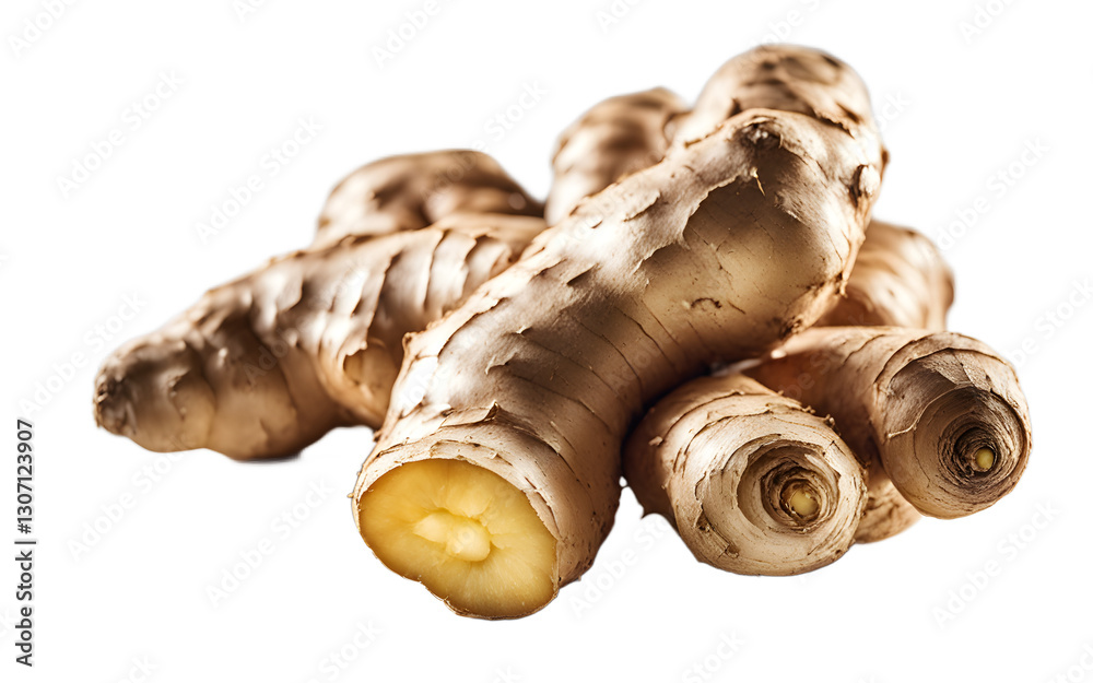 Poster a fresh ginger root with light brown skin, isolated on a empty plain background