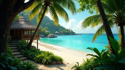 Fototapeta premium Serene tropical beach scene with thatched-roof bungalow, lush vegetation, and tranquil turquoise water