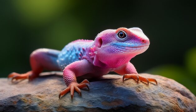 a small lizard with a pink face is sitting on a rock